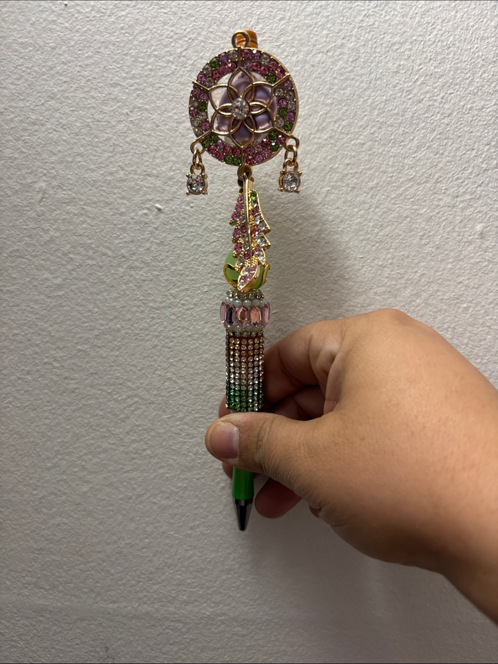 Gold-Tone Pink & Green Floral Tassel Pendant Necklace